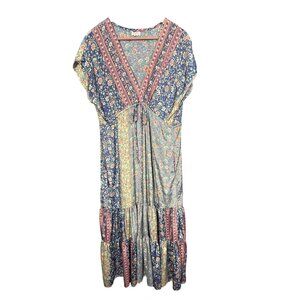 Paani Womens Bohemian Floral Maxi Dress Multicolor Tie Waist Short Sleeve Size M